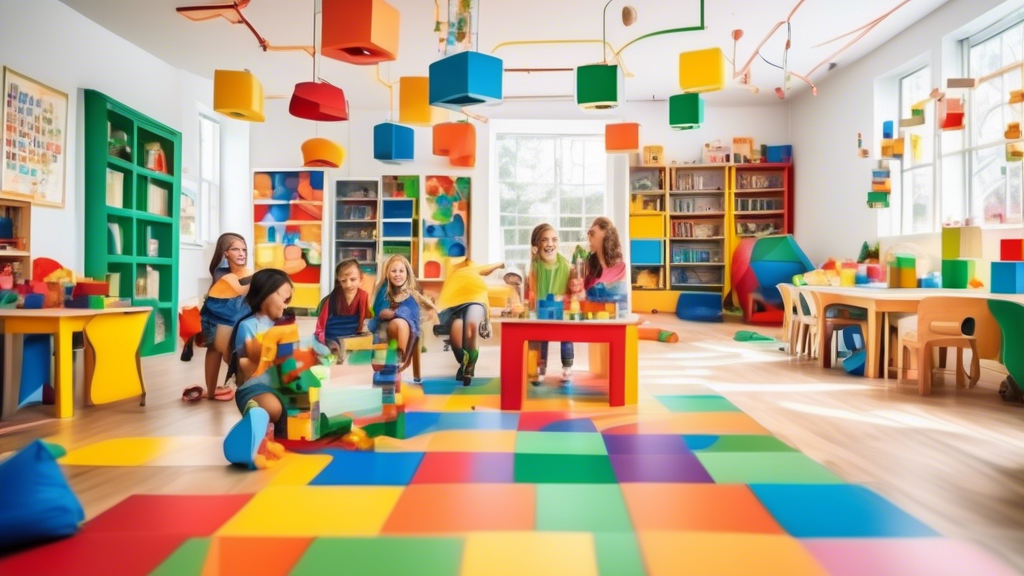A vibrant and imaginative classroom where children are engaged in playful learning activities that stimulate their cognitive development. The room is filled with colorful building blocks, interactive 