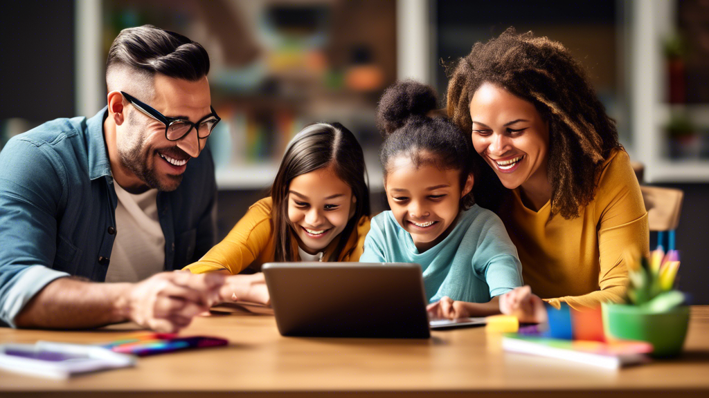 Two parents and a teacher smiling while using a tablet and laptop to engage in learning and communication for a young student who is in the foreground. The image should illustrate a sense of collabora