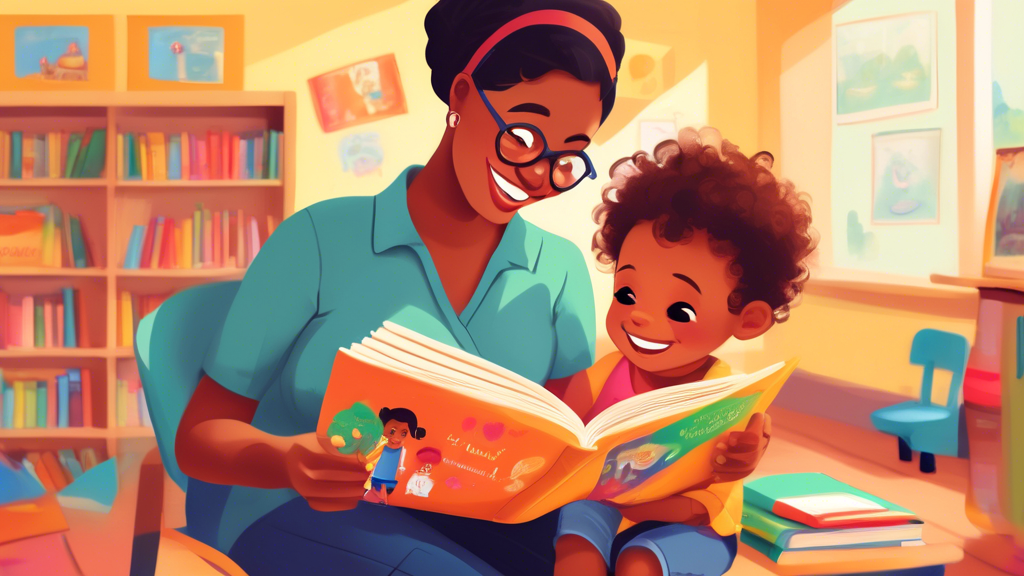 A warm and inviting scene of a small child sitting on a parent's lap, engrossed in a colorful picture book. The parent is pointing to the words and helping the child to sound them out. A teacher is st