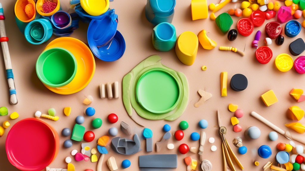 A colorful tabletop with various objects and materials arranged in a way that encourages and develops fine motor skills in young learners, such as blocks, beads, playdough, and small tools. The image 