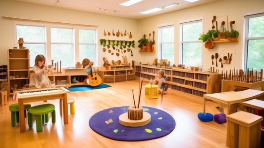A vibrant and harmonious classroom where Montessori and Waldorf educational approaches converge, fostering musical exploration and growth. The space is filled with natural elements, organic instrument