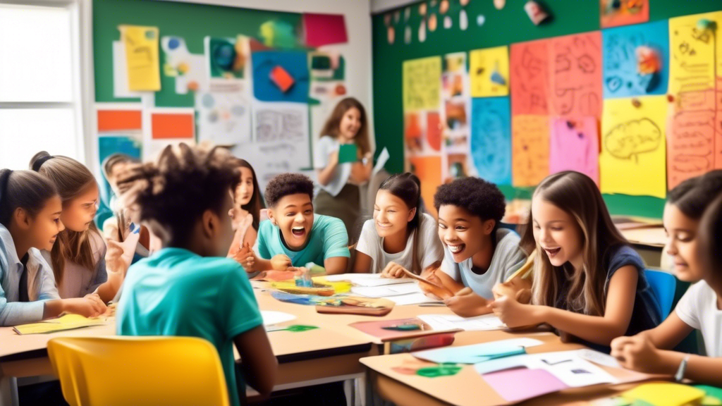 A classroom filled with students actively engaged in an interactive learning experience, showcasing the growth mindset fostered through collaboration, problem-solving, and hands-on activities. The ima