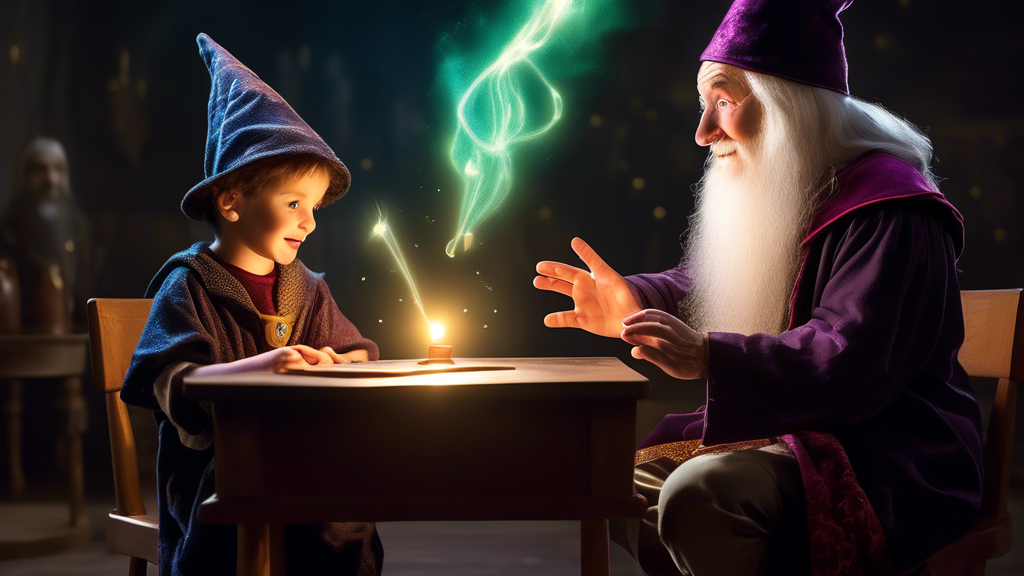 A young child, seated at a small table, engages in a magical learning session with a kind and friendly wizard. The wizard demonstrates a simple magic trick, causing a small object to float in the air 