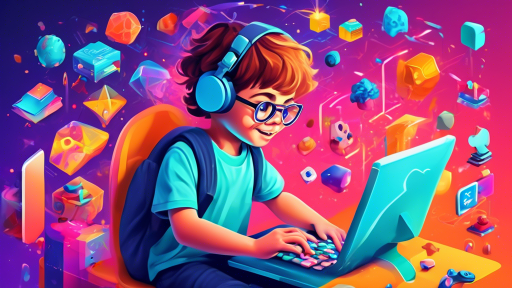 A child engaged in an educational game on a computer, surrounded by colorful and playful imagery that represents the cognitive benefits of gaming
