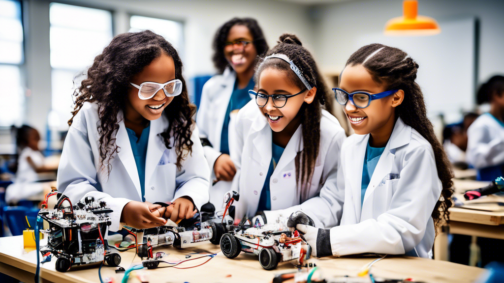 A group of diverse young girls in a classroom, smiling and laughing as they work on a robotics project. The girls are wearing lab coats and safety glasses, and they are surrounded by tools and materia