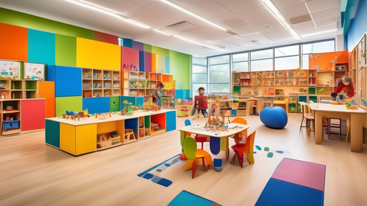 A vibrant and imaginative classroom where children are engaged in playful learning activities that foster creativity, curiosity, and collaboration. The room is filled with colorful materials, interact