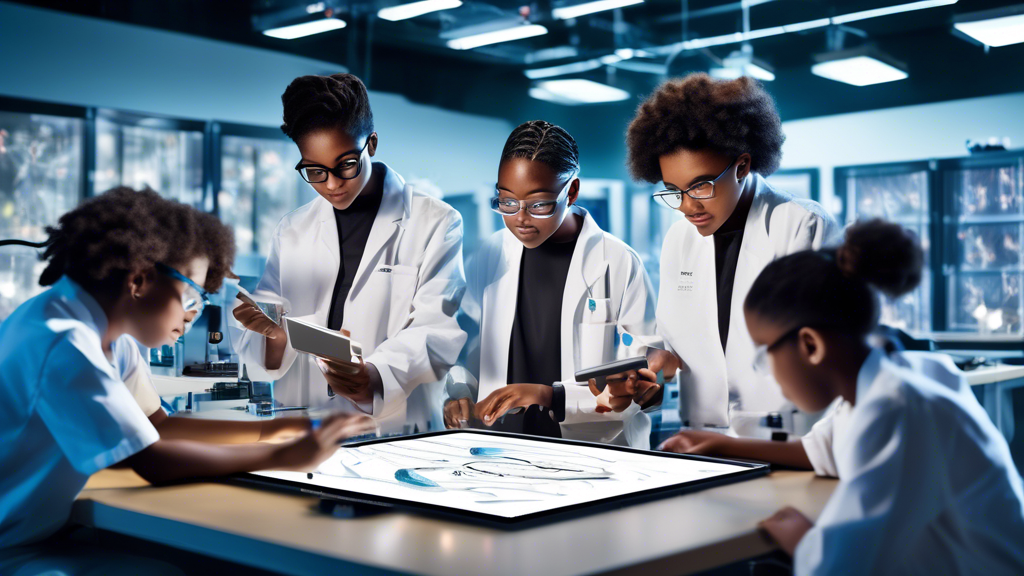Depict a diverse group of students collaborating on a hands-on science project in a well-equipped laboratory, with a futuristic-looking tablet or computer in the foreground displaying a graphic repres