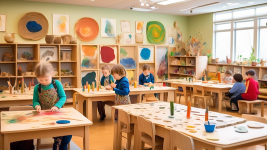 A vibrant and imaginative classroom where children are engaged in various art activities inspired by both Montessori and Waldorf principles. The room is filled with natural materials, organic shapes, 