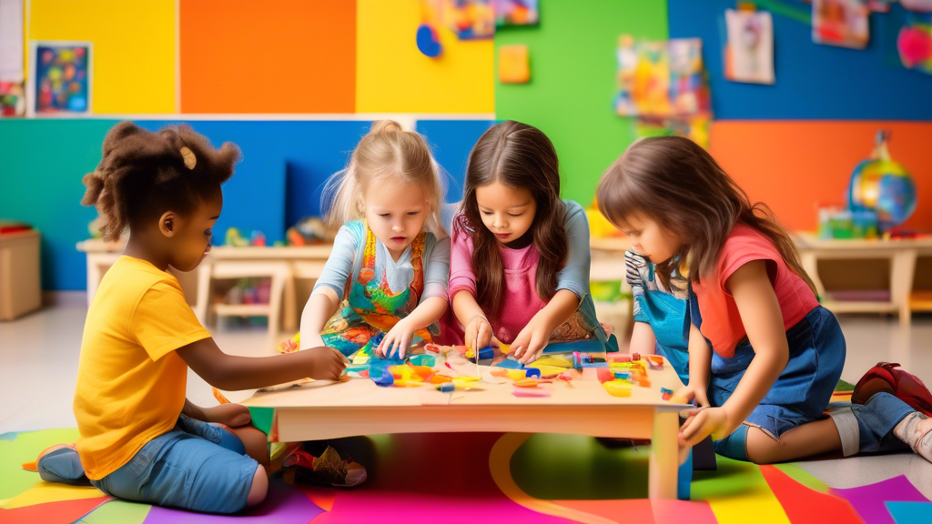 A photograph of a group of preschoolers working collaboratively on a project in a brightly colored and stimulating classroom, encouraging independent thinking and fostering creativity and problem-solv
