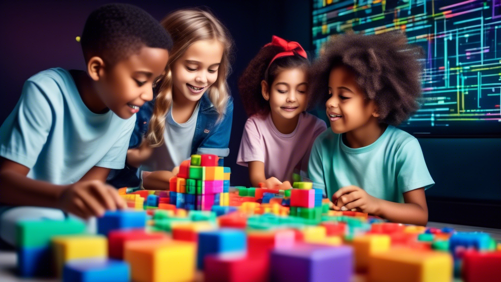 Generate an image of a group of children playing with colorful coding toys that resemble building blocks, with a large screen in the background displaying lines of code. The image should convey a sens