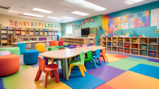A vibrant and inclusive classroom designed for sensory-friendly learning, featuring a variety of calming colors, soft lighting, fidget toys, and comfortable seating options. The students are engaged i