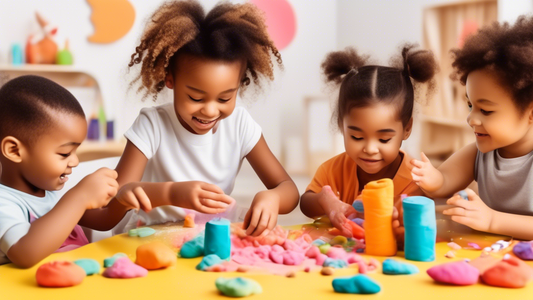 Generate an image of children engaged in various sensory activities that foster social-emotional development, such as a group of kids playing with playdough, a child receiving a massage, and another c