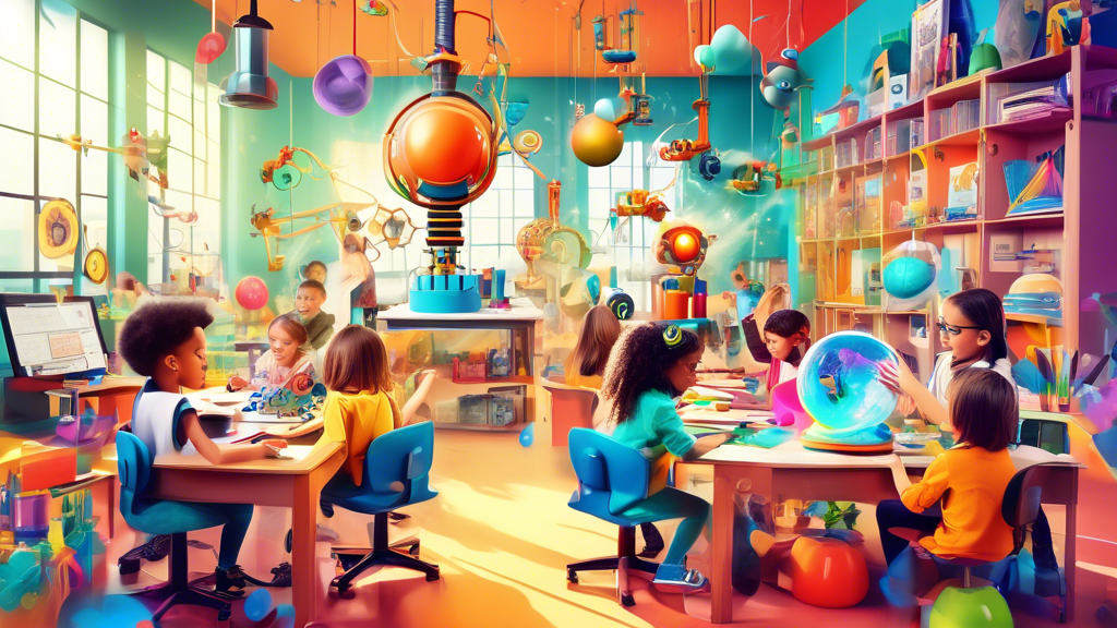 An imaginative classroom filled with bright colors, whimsical inventions, and children engaged in hands-on learning activities that blend science, technology, engineering, the arts, and mathematics (S