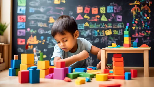 A colorful and engaging environment with activities that stimulate cognitive development. The image should show a variety of activities, such as a child playing with building blocks, a child drawing o
