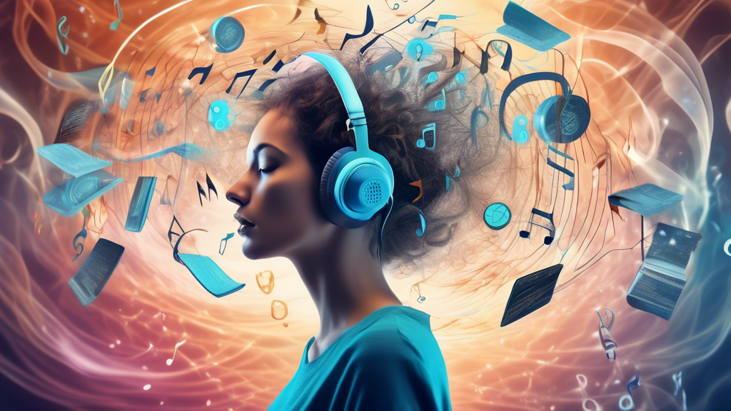 A surreal, imaginative depiction of a person absorbed in listening to an audiobook, surrounded by ethereal words and symbols that dance and swirl in the air, representing the immersive and transformat