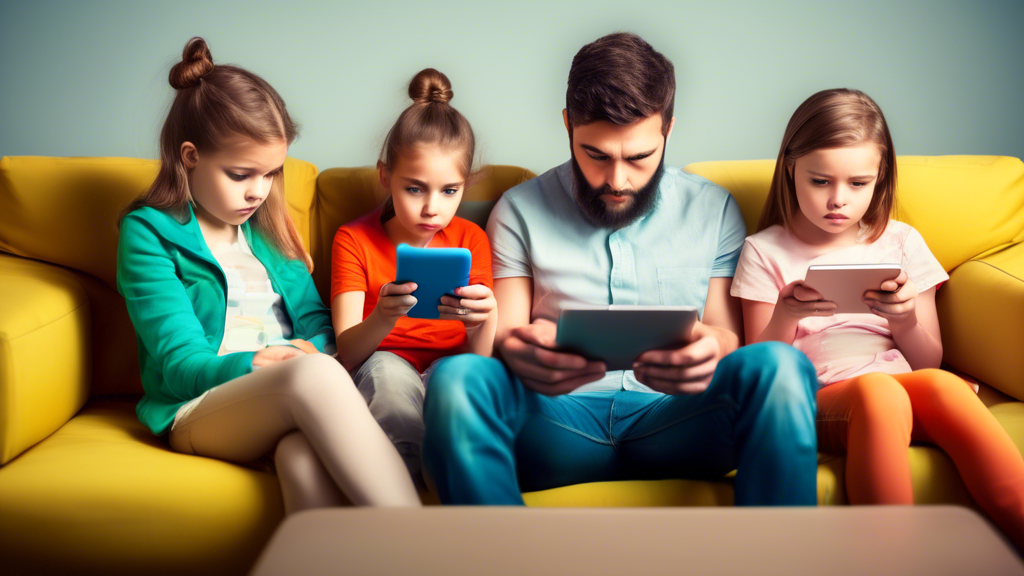 Three children of varying ages, sitting together on a couch and using different digital devices (e.g., smartphones, tablets), with a concerned parent looking on in the background