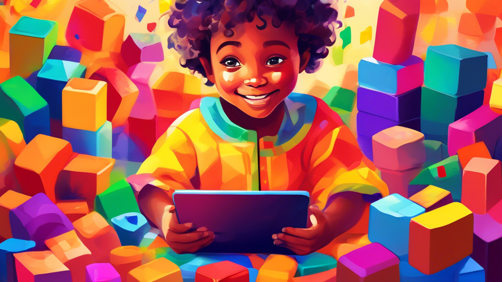 A vibrant and playful illustration of a child holding a tablet, surrounded by colorful blocks and crayons. The child's face is lit up with a mixture of joy and focus, representing the harmonious balan