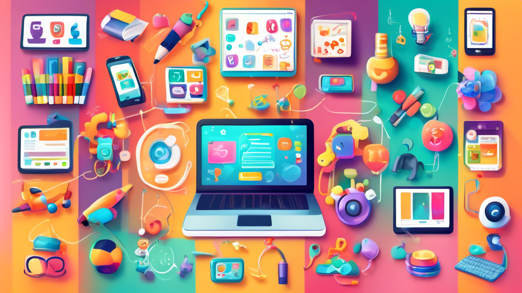 An illustration of various digital learning platforms and tools for kids, such as interactive games, educational apps, and online classrooms. The image should represent the concept of exploring and ch