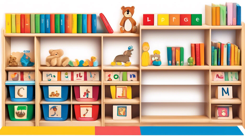 Create an image of a colorful Montessori shelf filled with various language materials for preschoolers, such as letter puzzles, word flashcards, picture-word matching cards, and small ABC objects for tactile exploration. The materials should be neatl