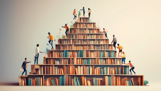 A group of people climbing a staircase of books, each step representing a different growth mindset strategy. The people are diverse in age, race, and gender, and they are all working together to reach