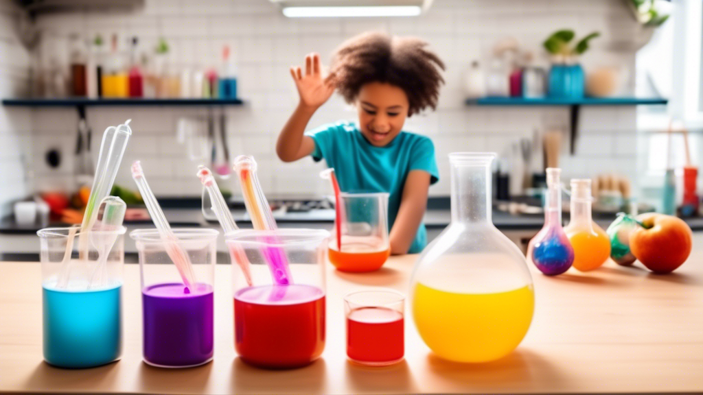 A photograph of a kitchen counter with 5 different science experiments set up, each with a child's hand interacting with the experiment. The experiments should be visually engaging and illustrate the 