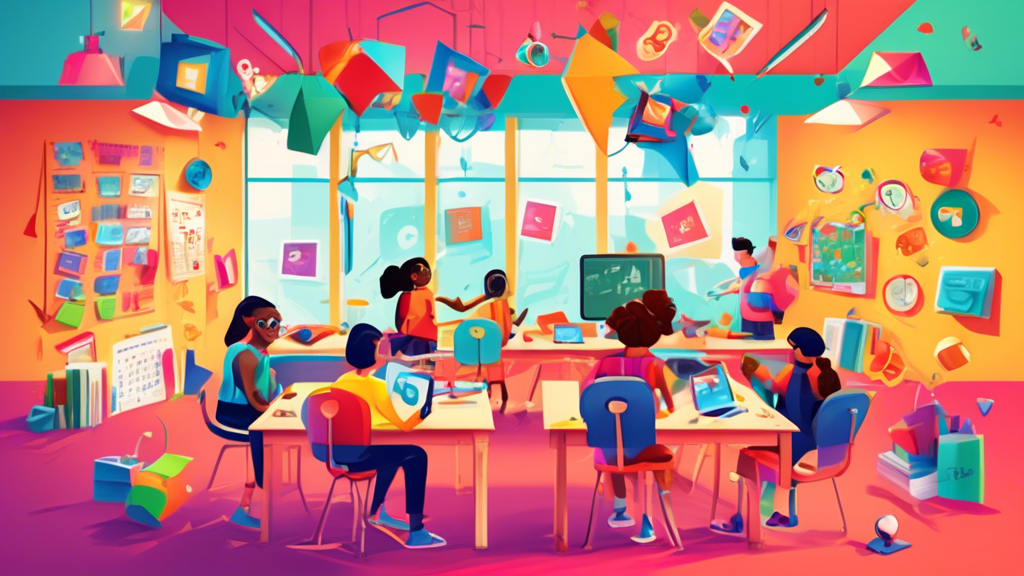 **DALL-E prompt:**

A vibrant and playful classroom with students engaged in a gamified learning experience, surrounded by elements representing the excitement and motivation that gamification brings 