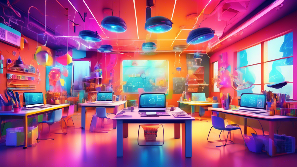 A colorful, creative, and futuristic classroom where students are enthusiastically learning STEAM concepts through hands-on activities, surrounded by technology and artistic tools.