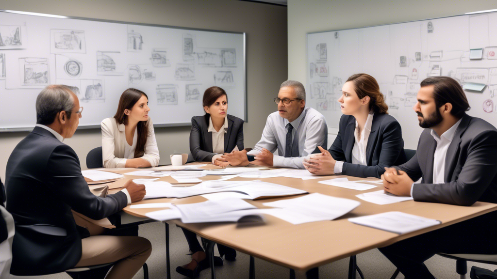 A group of seven people sitting around a table, engaged in a lively and thoughtful discussion. The people are dressed in business attire and are of different ages and backgrounds. They are all looking
