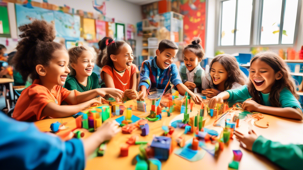 A vibrant and engaging classroom scene where children are enthusiastically playing with a variety of STEAM games. The games should include elements of science, technology, engineering, art, and math, 