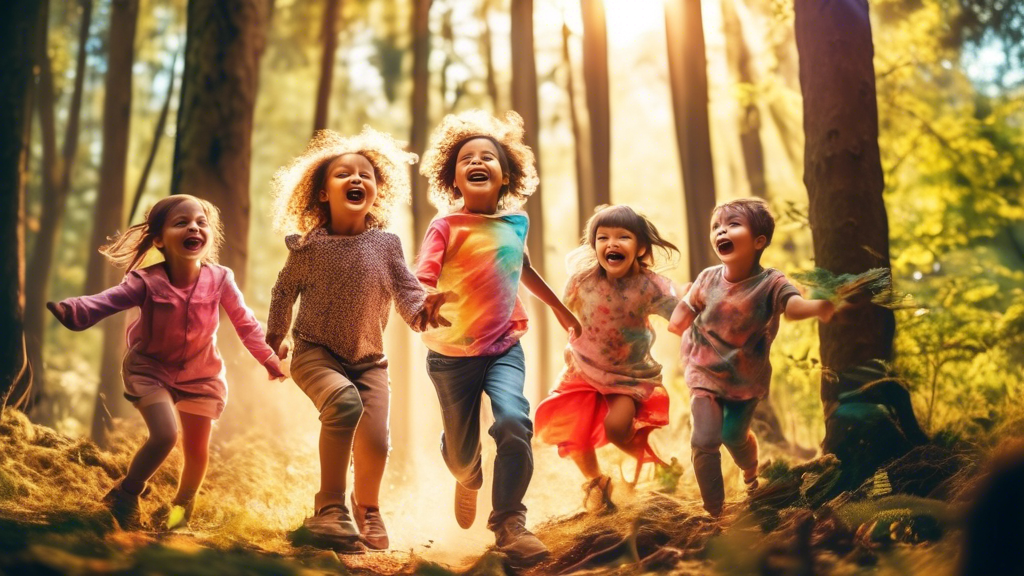 A group of children playing together in a forest, surrounded by trees and sunlight, with bright colors and a sense of joy and freedom.