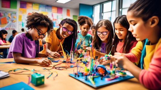 A vibrant and dynamic classroom filled with diverse students eagerly engaged in hands-on STEM activities, while teachers provide personalized guidance and support, fostering creativity, critical think