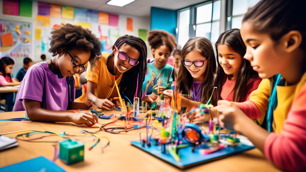 A vibrant and dynamic classroom filled with diverse students eagerly engaged in hands-on STEM activities, while teachers provide personalized guidance and support, fostering creativity, critical think