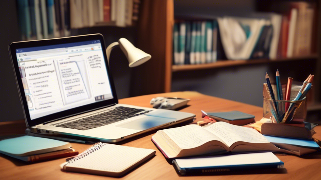Create an image of a study desk with the following items: 
1. A stack of language textbooks
2. A notebook and pen for writing notes and practicing writing skills
3. A dictionary and thesaurus for looking up words and expanding vocabulary
4. A laptop 