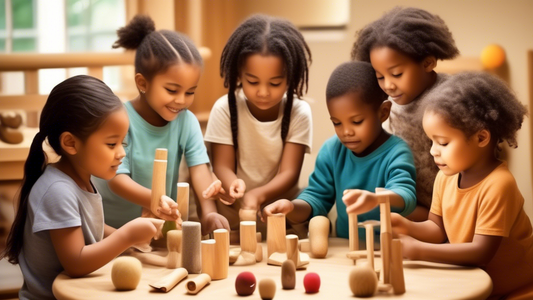 Create an image of a diverse group of young children gathered together, engaged in activities that represent both the Montessori and Waldorf educational methods. Montessori elements could include prac