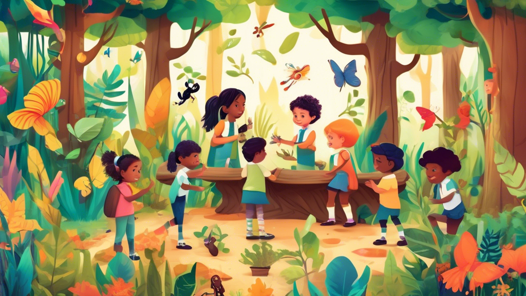 A vibrant and whimsical nature classroom scene, filled with playful children exploring, learning, and embracing the wonders of the natural world. Capture the joy and curiosity of young minds as they i