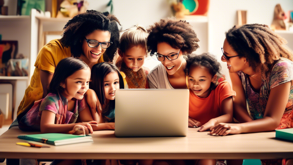 A photo illustration of a group of parents and children huddled around a computer, exploring educational websites together. The image should convey a sense of learning, curiosity, and family bonding.