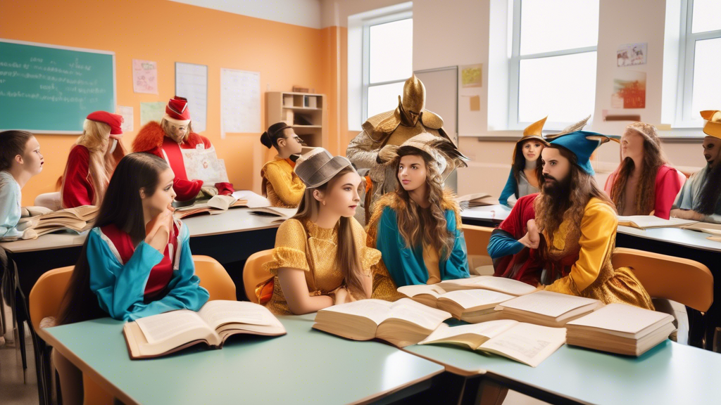 A photograph of a group of students sitting in a classroom, role-playing a scene from a book. The students are dressed in costumes and are using props to help them visualize the scene.