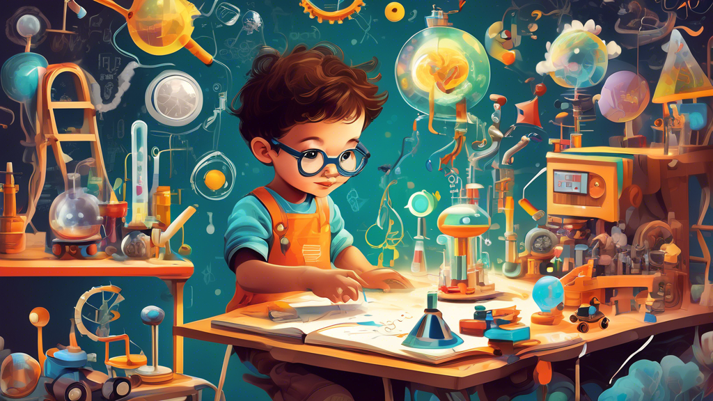 A whimsical and vibrant illustration of a young child exploring and interacting with educational tools and activities that represent STEAM (Science, Technology, Engineering, Art, and Math). The child 