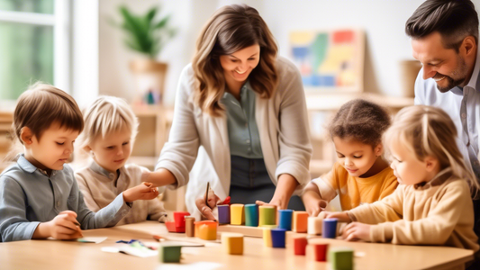 A classroom scene with parents actively participating in a Montessori or Waldorf educational activity with their children, showcasing their collaborative involvement and the hands-on, child-centered a