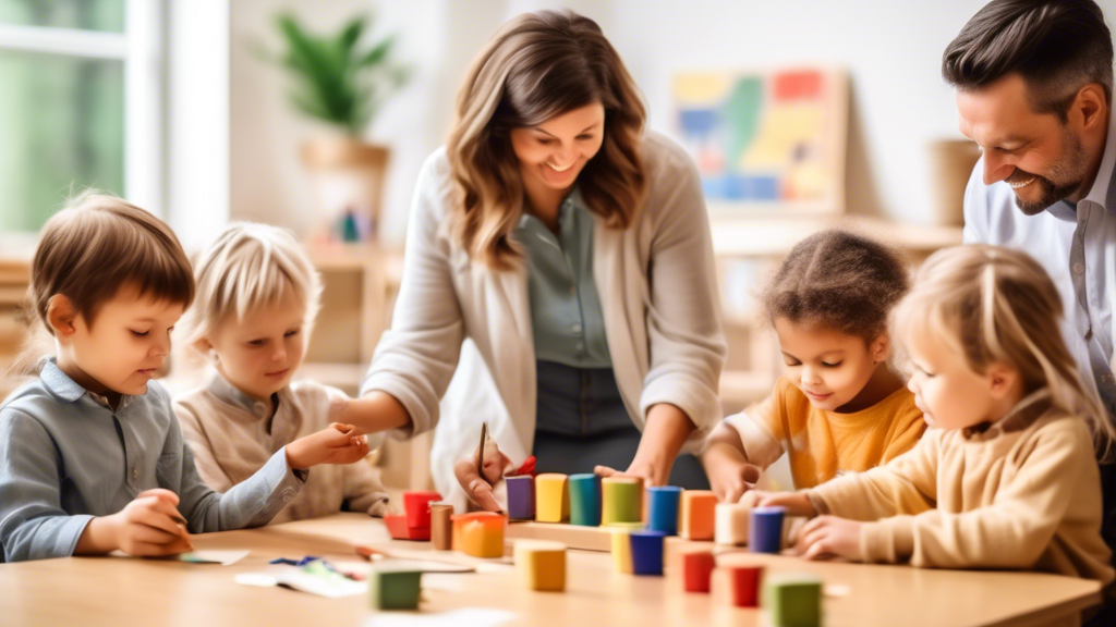 A classroom scene with parents actively participating in a Montessori or Waldorf educational activity with their children, showcasing their collaborative involvement and the hands-on, child-centered a