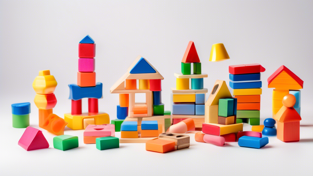 An assortment of colorful educational toys designed for early childhood development, such as blocks, puzzles, crayons, and a dollhouse, arranged on a white background in a visually appealing and engag