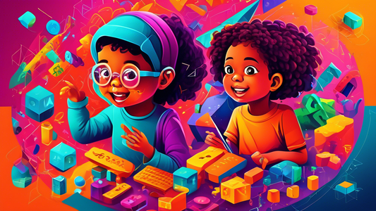 Create a vibrant and captivating digital art piece that evokes the concept of multisensory mathematics. Depict a diverse group of children engaged in various mathematical activities, each utilizing di