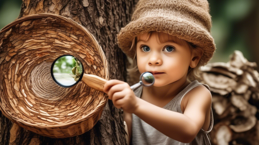 A child holding a magnifying glass, exploring the textures of a tree bark, with a basket of natural items and a playful expression.