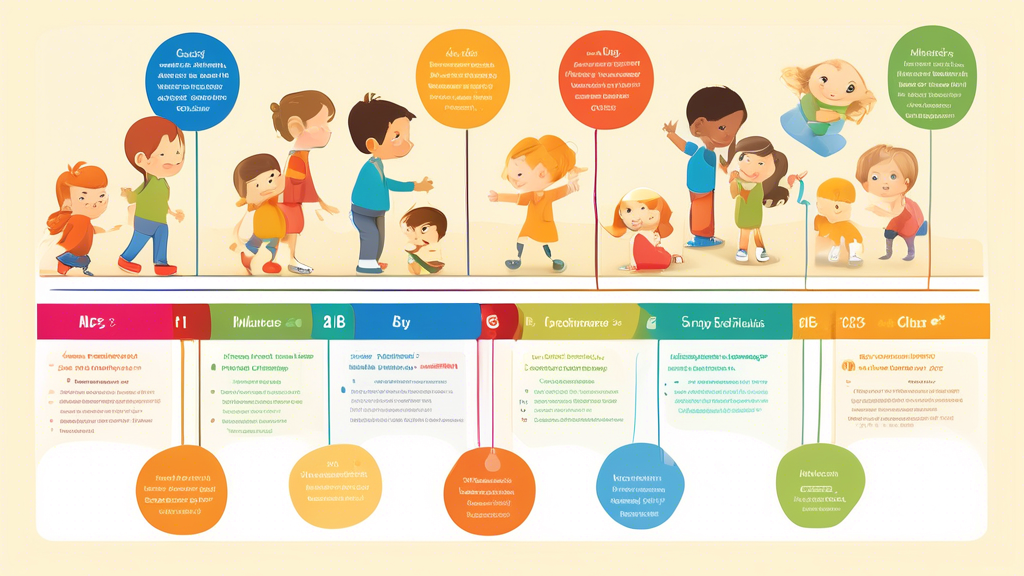 Create an image depicting a timeline chart with key milestones in early childhood cognitive development, such as language acquisition, problem-solving skills, memory development, and social awareness. Each milestone should be visually represented and