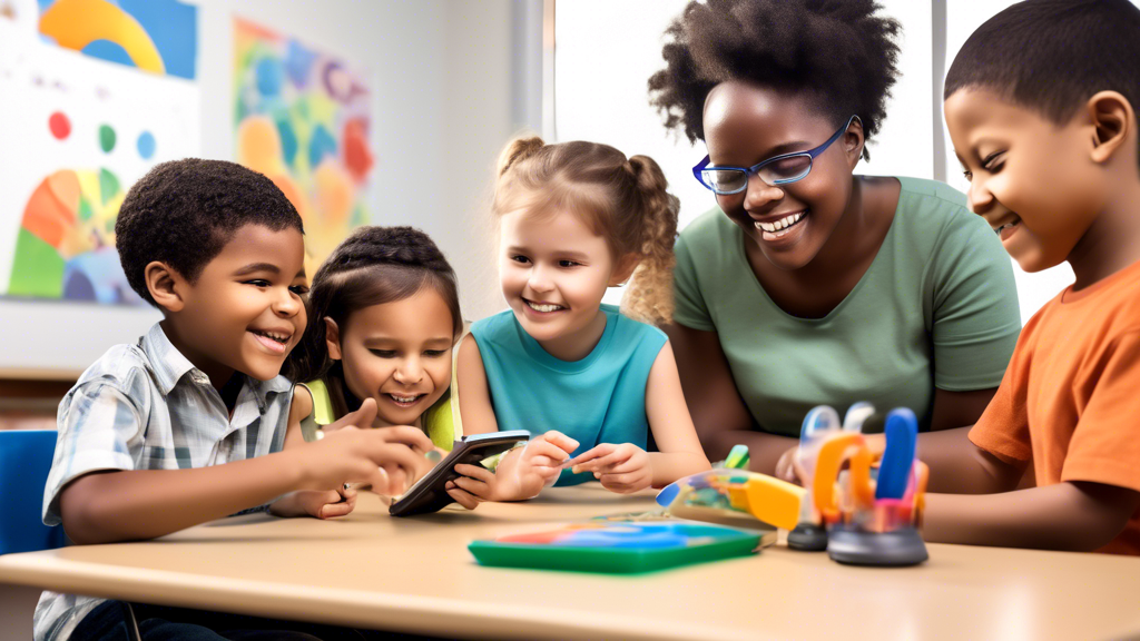 Generate an image of a group of diverse children with special needs using interactive learning tools in a classroom setting. The tools should be assistive technology devices, such as speech-to-text so