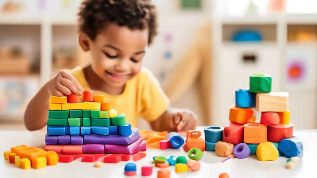 Create an image of colorful toys and activities that promote fine motor skills development in young children, such as stacking blocks, threading beads, using tweezers, coloring with crayons, cutting with safety scissors, and manipulating play dough. 