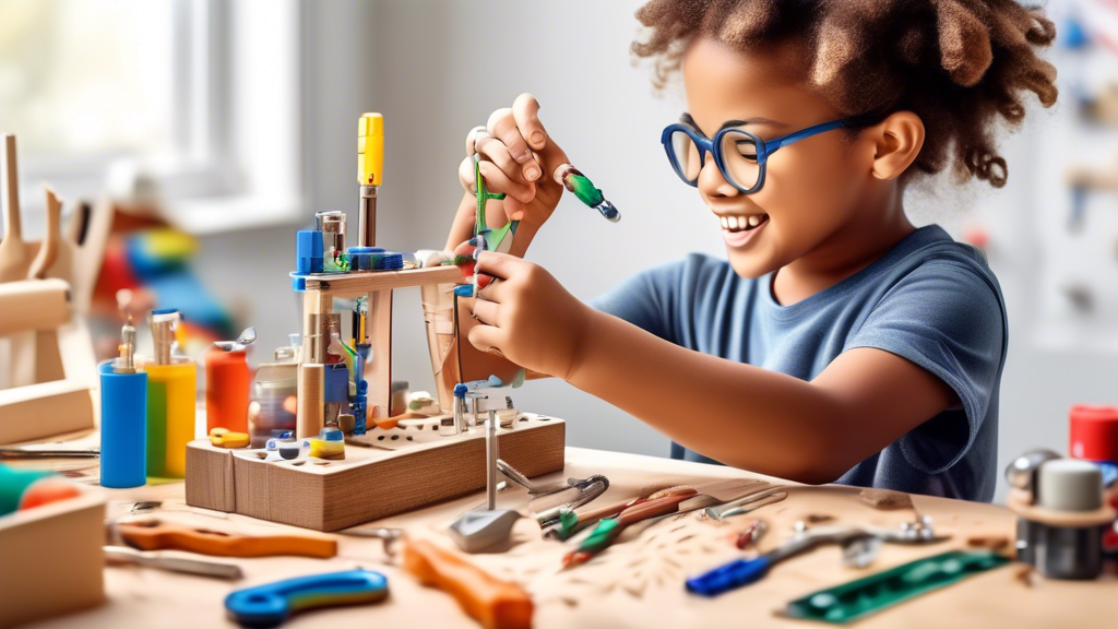 A photorealistic image of a child engaging in a DIY STEM project, surrounded by various tools and materials, conveying the joy and excitement of hands-on learning.