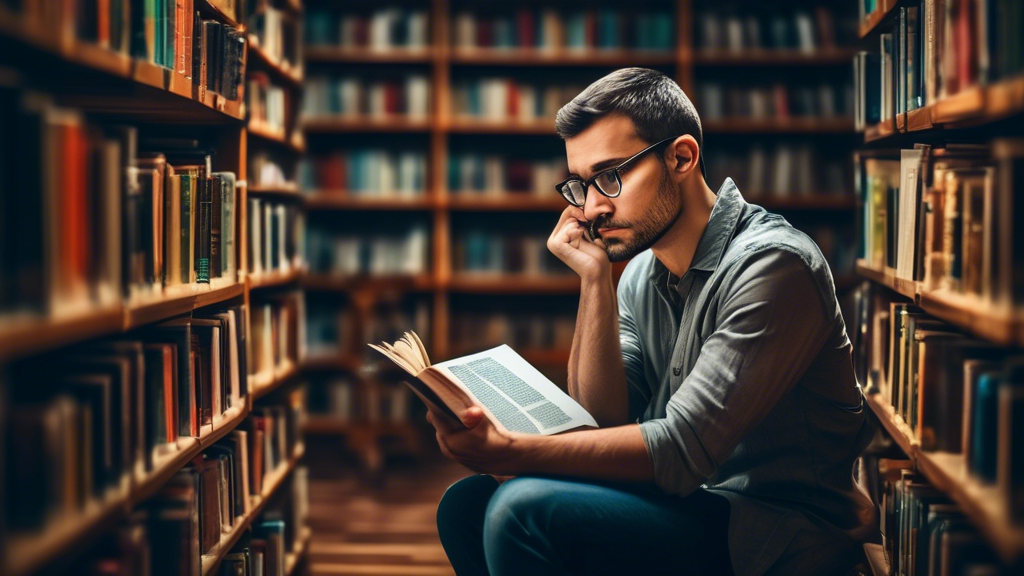 A person sitting in a library, surrounded by books, with a pensive expression on their face, contemplating a complex thought. The image should convey the idea of critical thinking and the power of rea