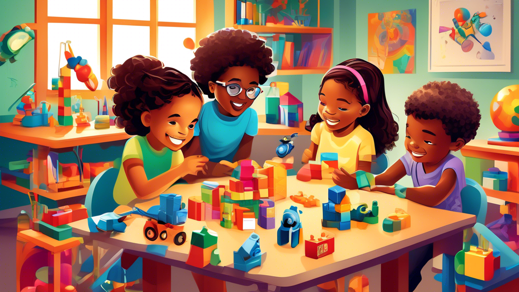 Create an image of a diverse group of homeschooling kids engaging with a variety of educational STEM toys such as building blocks, robotics kits, chemistry sets, and math puzzles. Make sure the scene exudes creativity, fun, and a love for learning.