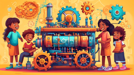 Create a colorful and whimsical image of a steam-powered coding machine being used by a group of diverse children in a classroom setting. The machine should have gears, pipes, and other intricate deta